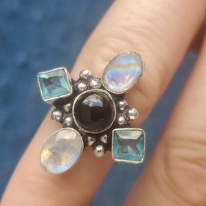New Mystic Quartz, Blue Topaz & Black Onyx Silver Ring.